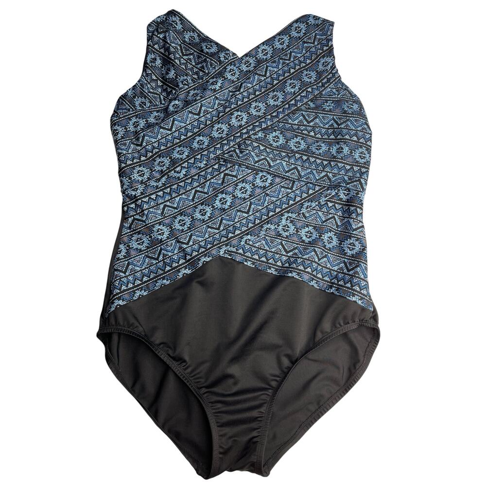 Miraclesuit Paillette Brio Printed One Piece Swimsuit size 16 Incan Blue Black